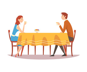 Family Couple Sitting at Kitchen Table, Drinking Tea and Talking to Each Other, Man and Woman Eating Together Vector Illustration