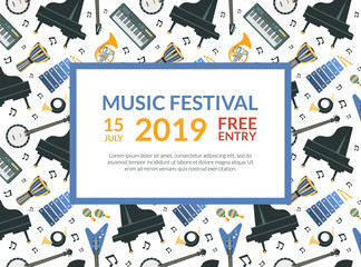 Music Festival Banner Template with Musical Instruments Pattern and Space for Text Vector Illustration