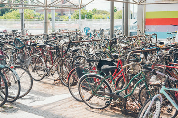 Bicycle parking area with a lot of colorful bicycles.