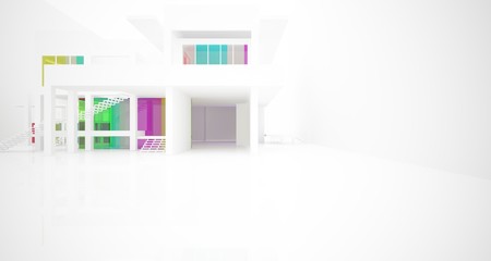 Abstract architectural white and glass gradient color interior of a minimalist house with large windows.. 3D illustration and rendering.