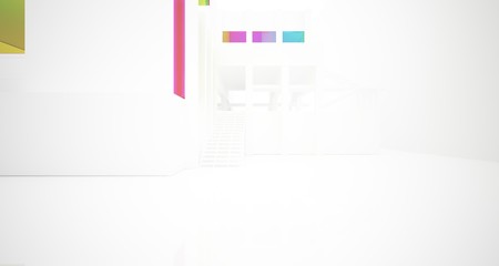 Abstract architectural white and glass gradient color interior of a minimalist house with large windows.. 3D illustration and rendering.