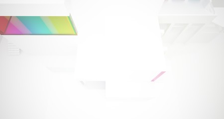 Obraz premium Abstract architectural white and glass gradient color interior of a minimalist house with large windows.. 3D illustration and rendering.