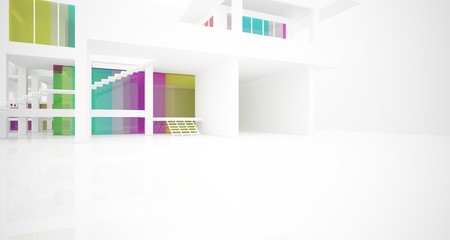 Abstract architectural white and glass gradient color interior of a minimalist house with large windows.. 3D illustration and rendering.