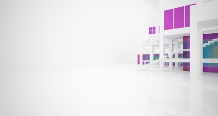 Fototapeta premium Abstract architectural white and glass gradient color interior of a minimalist house with large windows.. 3D illustration and rendering.