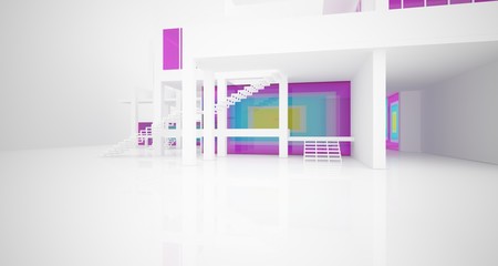 Abstract architectural white and glass gradient color interior of a minimalist house with large windows.. 3D illustration and rendering.