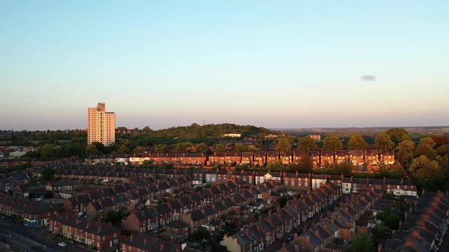 Ariel Drone Footage Of British Council Estate. Nottingham Built Up Area. , Golden Hour. People's Homes, British Community. UK.