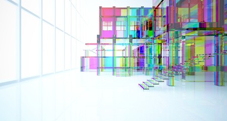 Abstract architectural glass gradient color interior of a minimalist house with large windows.. 3D illustration and rendering.