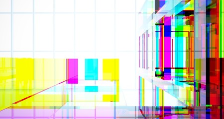 Abstract architectural glass gradient color interior of a minimalist house with large windows.. 3D illustration and rendering.