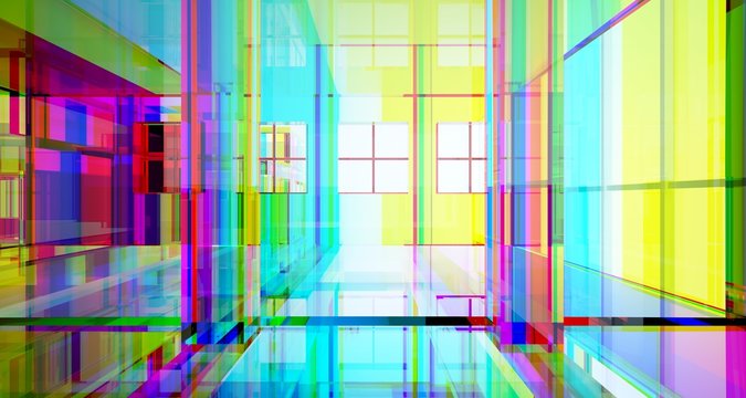 Abstract Architectural Glass Gradient Color Interior Of A Minimalist House With Large Windows.. 3D Illustration And Rendering.