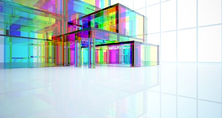 Abstract architectural glass gradient color interior of a minimalist house with large windows.. 3D illustration and rendering.