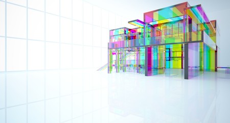 Abstract architectural glass gradient color interior of a minimalist house with large windows.. 3D illustration and rendering.