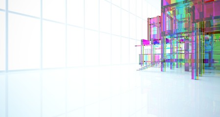Abstract architectural glass gradient color interior of a minimalist house with large windows.. 3D illustration and rendering.