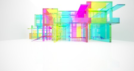 Abstract architectural glass gradient color interior of a minimalist house with large windows.. 3D illustration and rendering.