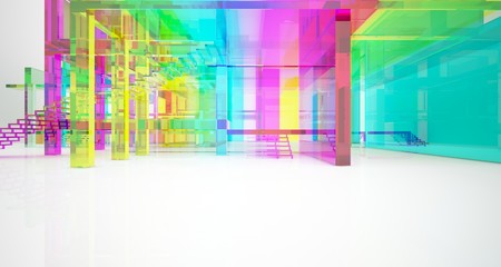 Abstract architectural glass gradient color interior of a minimalist house with large windows.. 3D illustration and rendering.