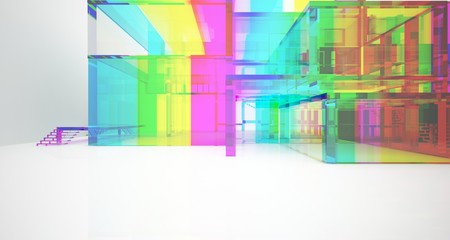Abstract architectural glass gradient color interior of a minimalist house with large windows.. 3D illustration and rendering.
