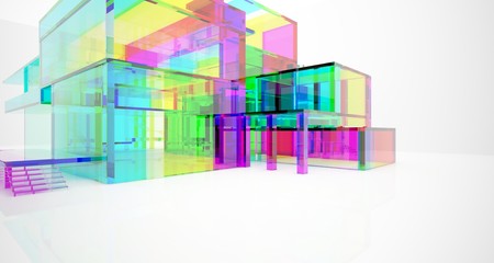 Abstract architectural glass gradient color interior of a minimalist house with large windows.. 3D illustration and rendering.