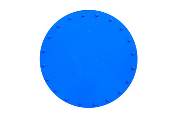 Blue painted round metal hatch of tank with nuts isolated on white background.