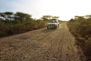 Naklejka na ściany i meble African landscape. Safari and extreme travel. Drought mountain landscape. Dust off road 