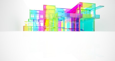 Abstract architectural glass gradient color interior of a minimalist house with large windows.. 3D illustration and rendering.