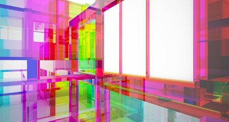 Abstract architectural glass gradient color interior of a minimalist house with large windows.. 3D illustration and rendering.