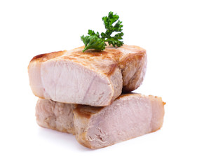 roasted pork slices isolated on white background