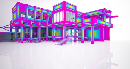Abstract architectural white interior and color gradient of a minimalist house with large windows.. 3D illustration and rendering.