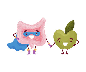 Cartoon intestine and apple hold hands. Vector illustration on white background.