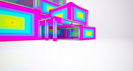 Abstract architectural white interior and color gradient of a minimalist house with large windows.. 3D illustration and rendering.