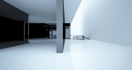 Abstract architectural white and black gloss interior of a minimalist house with large windows.. 3D illustration and rendering.