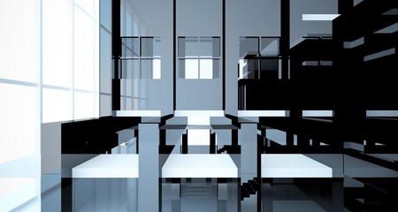 Fototapeta na wymiar Abstract architectural white and black gloss interior of a minimalist house with large windows.. 3D illustration and rendering.