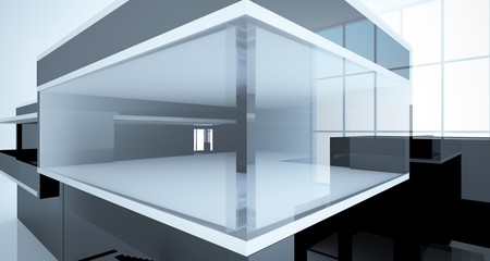 Abstract architectural white and black gloss interior of a minimalist house with large windows.. 3D illustration and rendering.