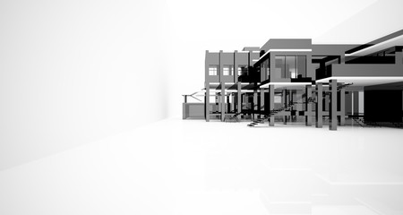 Abstract architectural white and black gloss interior of a minimalist house with large windows.. 3D illustration and rendering.