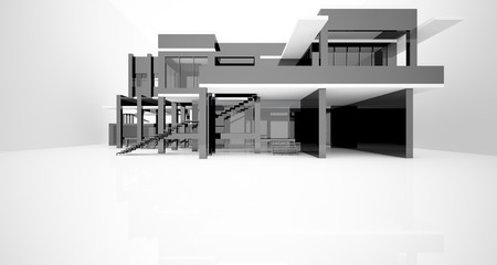 Abstract architectural white and black gloss interior of a minimalist house with large windows.. 3D illustration and rendering.