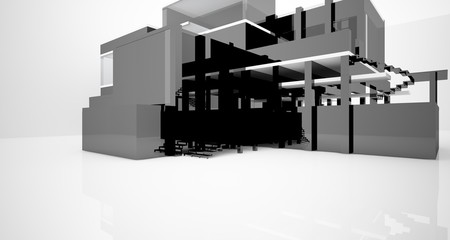 Abstract architectural white and black gloss interior of a minimalist house with large windows.. 3D illustration and rendering.