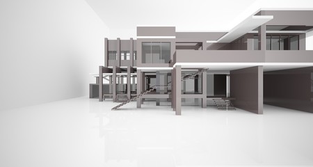 Abstract architectural white and brown gloss interior of a minimalist house with large windows.. 3D illustration and rendering.