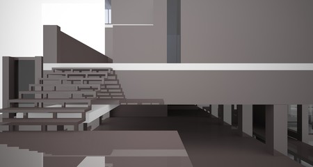 Abstract architectural white and brown gloss interior of a minimalist house with large windows.. 3D illustration and rendering.
