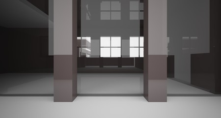 Abstract architectural white and brown gloss interior of a minimalist house with large windows.. 3D illustration and rendering.