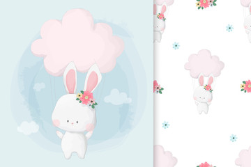Cotton fabric Cute hand drawn bunny summer background with seamless pattern set