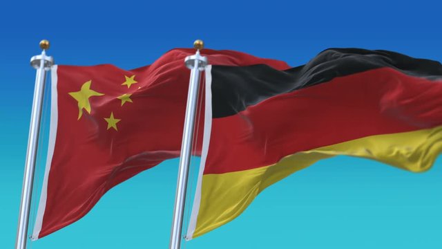 4k Seamless Germany and China Flags with blue sky background;A fully digital rendering;The animation loops at 20 seconds;GER DE CHN CN.