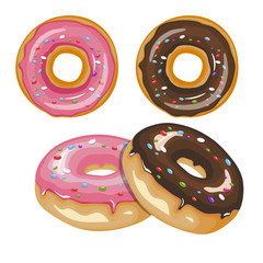 Set of cartoon colorful donuts isolated on white background. Top View Doughnuts collection into glaze for menu design, cafe decoration, delivery box.