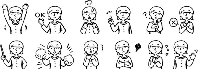 Monochrome Illustration of a woman face and pose set 4