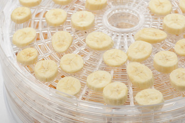 Banana slices on a dehydrator