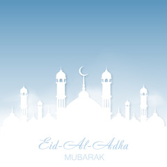 Eid Al Adha Mubarak greeting card with Mosque and sky. Vector