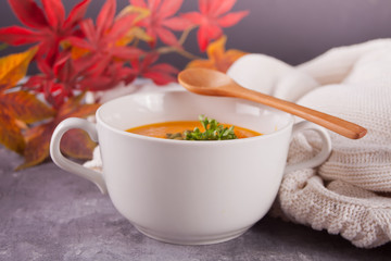 Healthy eating carrot cream soup. Vegetarian vegetables soup.