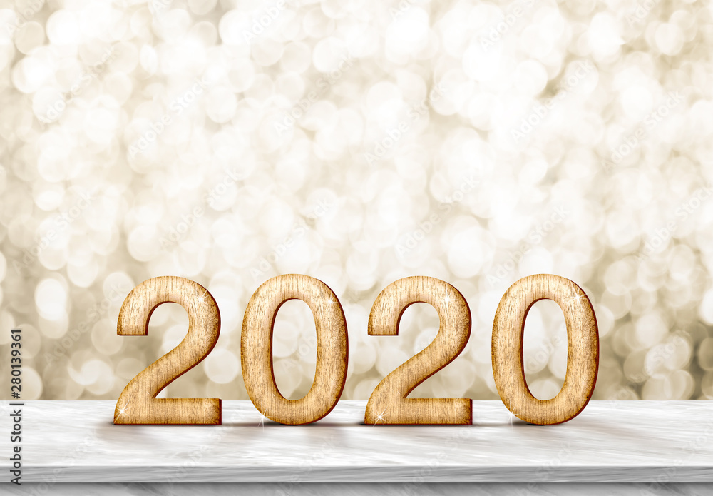 Aufkleber happy new year 2020 gold glossy (3d rendering ) on white marble table with sparkling gold bokeh wall