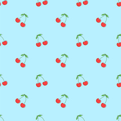 Cherry seamless pattern. Red berry. Fashion design. Food print for kitchen tablecloth, curtain or dishcloth. Hand drawn doodle wallpaper. Vector sketch background