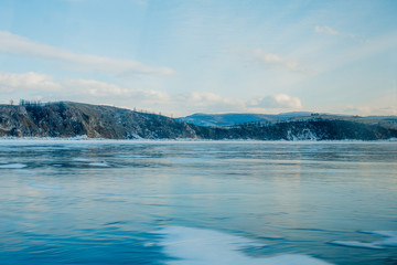 Naklejka na ściany i meble Beautidul winter on Baikal lake in Siberia Russia