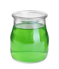 Tasty jelly dessert in glass jar on white background