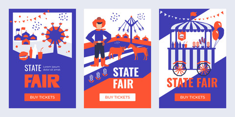 Vector illustrations of State Fair. Set of Banners with Buy Tickets button. Food market, car, ferris wheel, farm animals, farmer, country fair. Design template for invitation, advertisement, web site.