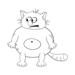 Funny cartoon fat cat standing and looking suspiciously. Black and white coloring